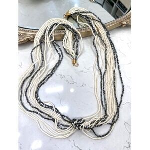 Vintage Multi Strand Glass Seed Bead Necklace Ivory Black Knotted Collar 27"